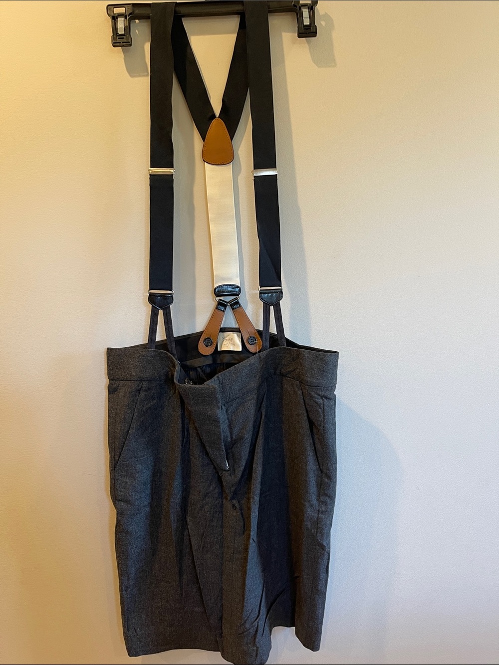 Elizabeth and James Charcoal Gray Skirt with Black and Cream Suspenders